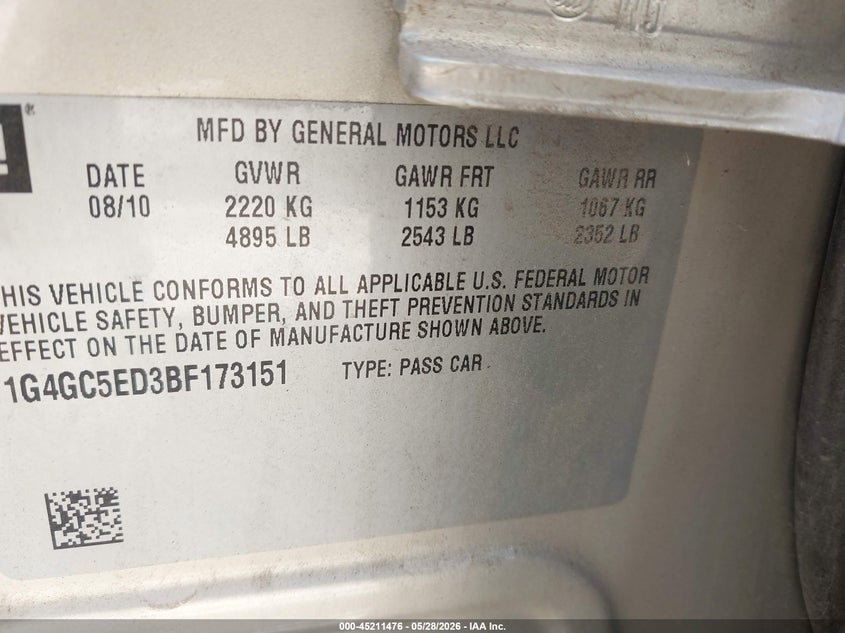 2011 Buick Lacrosse Cxl VIN: 1G4GC5ED3BF173151 Lot: 45211476