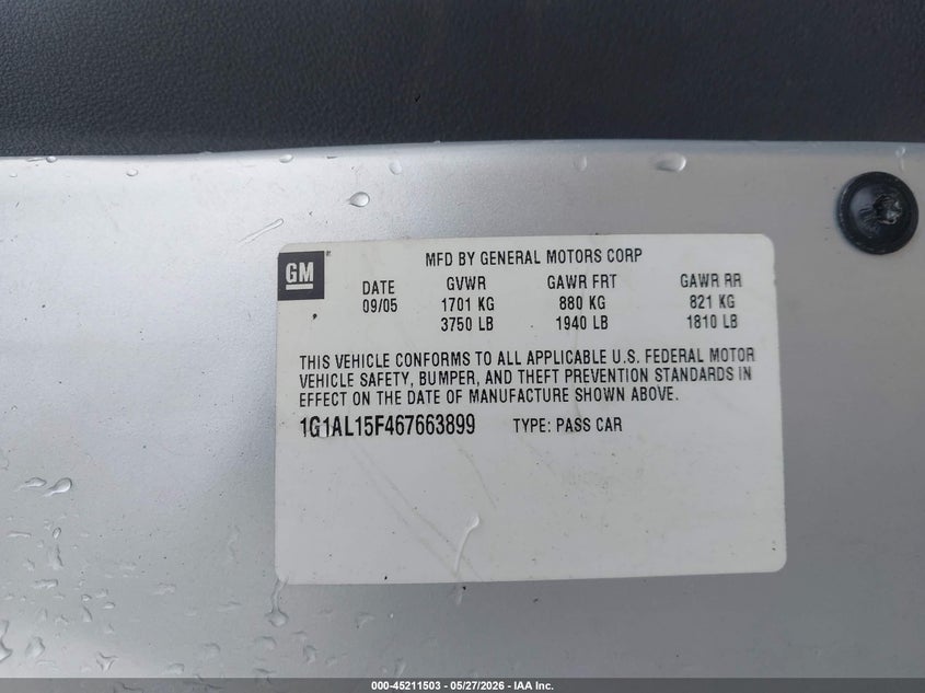 2006 Chevrolet Cobalt Lt VIN: 1G1AL15F467663899 Lot: 45211503