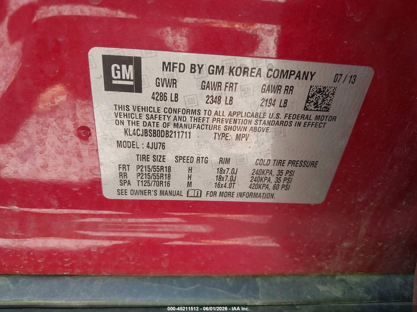 2013 Buick Encore Convenience VIN: KL4CJBSB0DB211711 Lot: 45211512