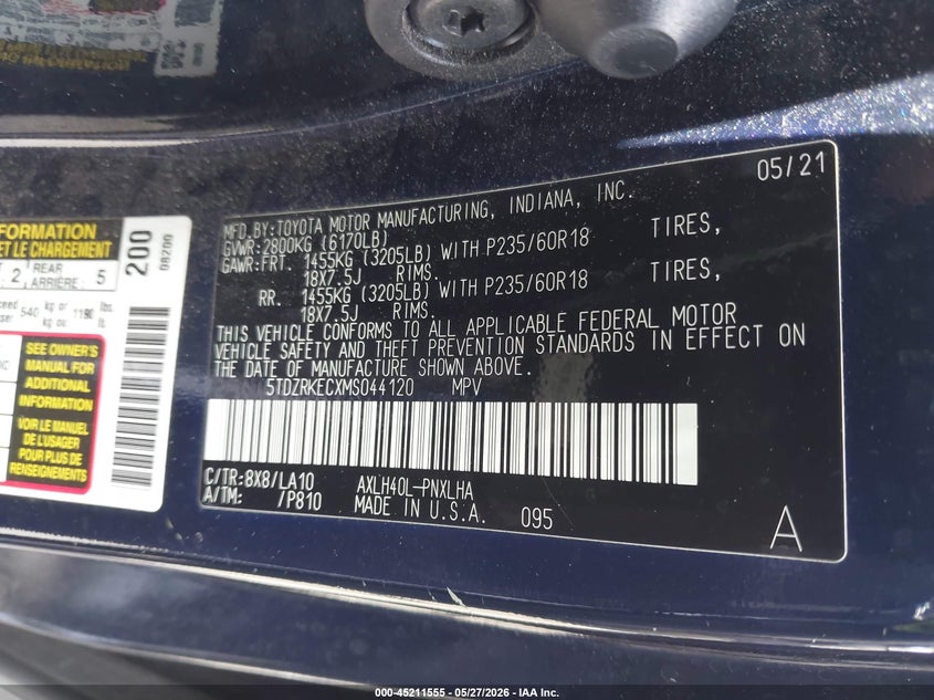 2021 Toyota Sienna Limited VIN: 5TDZRKECXMS044120 Lot: 45211555