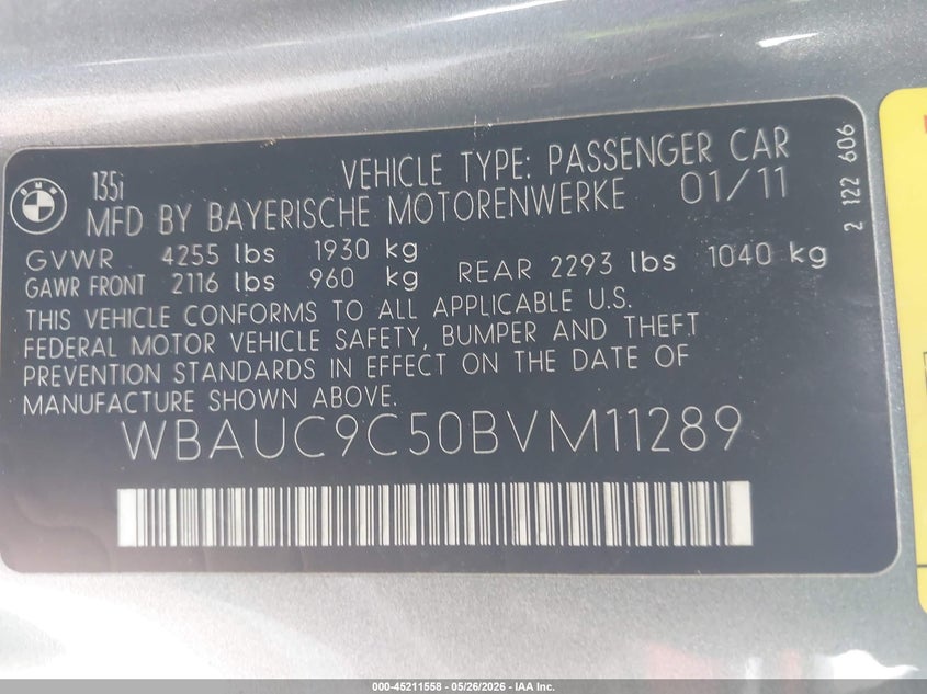 2011 BMW 135I VIN: WBAUC9C50BVM11289 Lot: 45211558