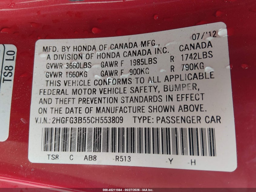 2012 Honda Civic 1.8 Lx red Lot 111045211564 Vin 2HGFG3B55CH553809