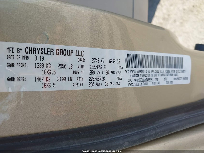 2010 Chrysler Town & Country New Lx VIN: 2A4RR2D16AR405051 Lot: 45211605