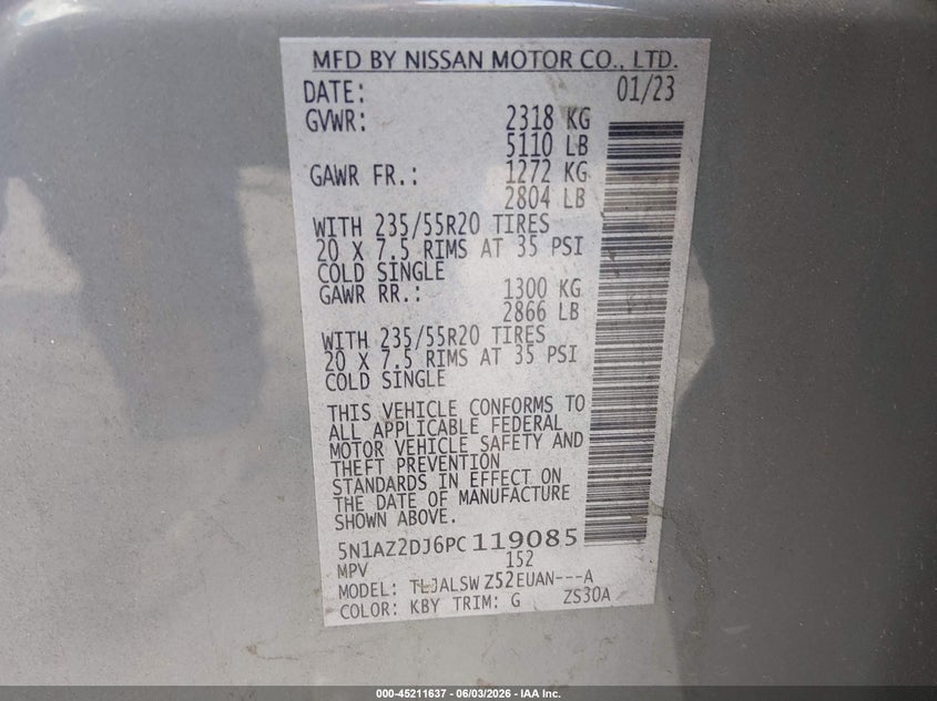 2023 Nissan Murano Platinum Fwd VIN: 5N1AZ2DJ6PC119085 Lot: 45211637