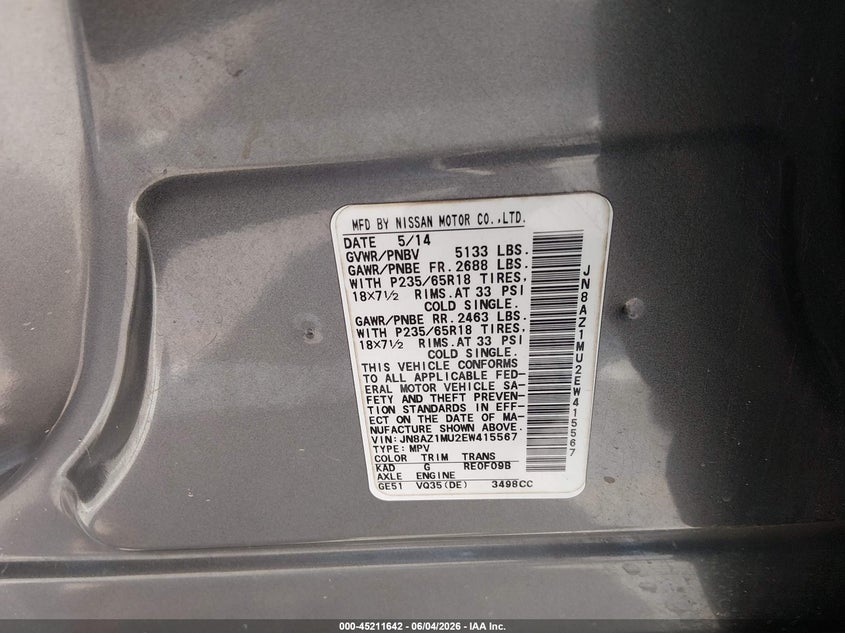 2014 Nissan Murano S VIN: JN8AZ1MU2EW415567 Lot: 45211642