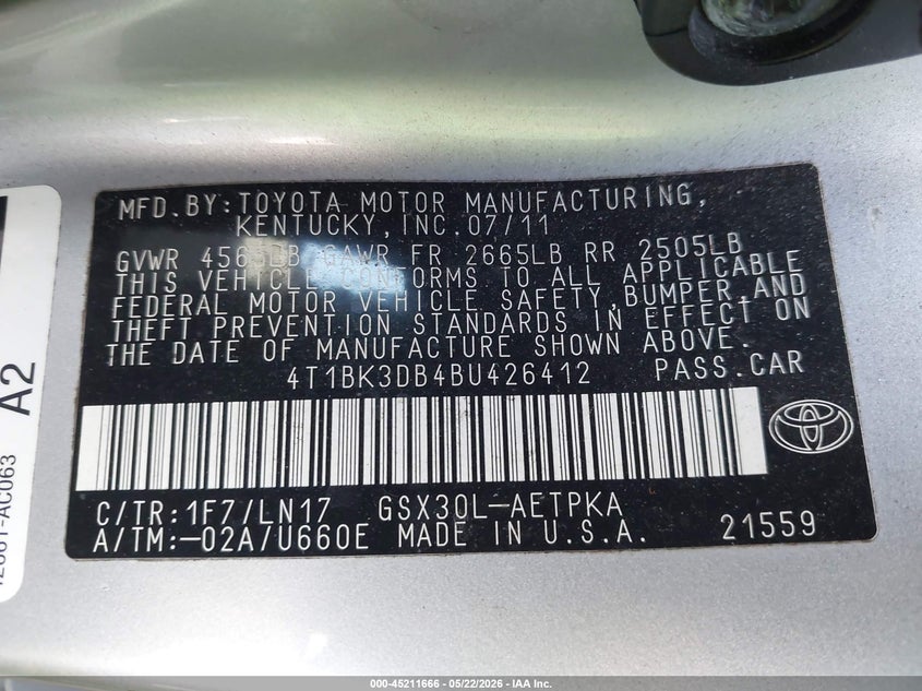 2011 Toyota Avalon 3.5 Limited silver Lot 111045211666 Vin 4T1BK3DB4BU426412