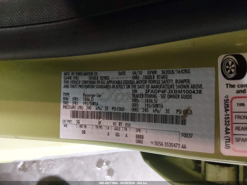 2011 Ford Fiesta Ses VIN: 3FADP4FJXBM100438 Lot: 45211684