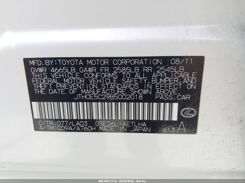 2011 Lexus Is 350 VIN: JTHCE5C29B5002018 Lot: 45211714