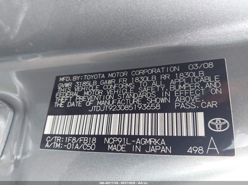 2008 Toyota Yaris VIN: JTDJT923085193658 Lot: 45211745