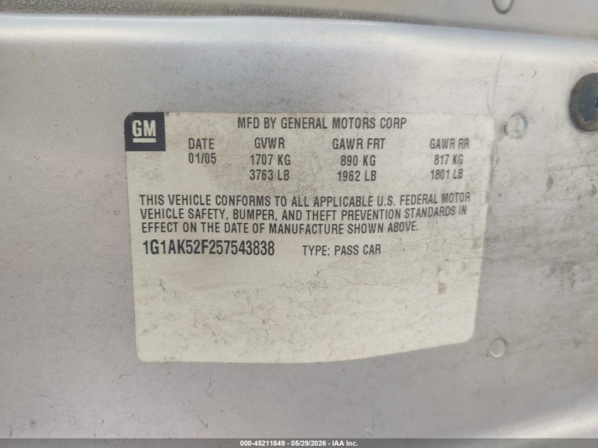 2005 Chevrolet Cobalt VIN: 1G1AK52F257543838 Lot: 45211849