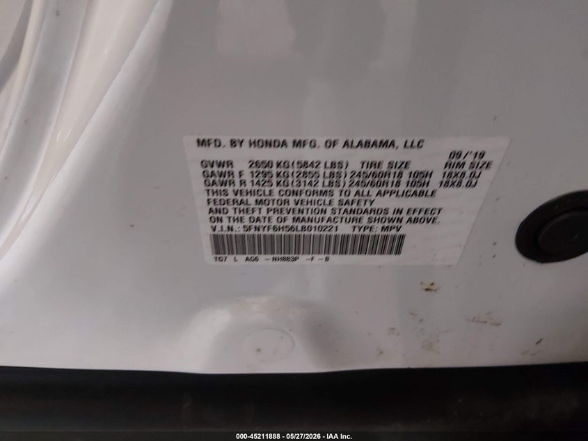 HONDA PILOT 2020 VIN 5FNYF6H56LB010221