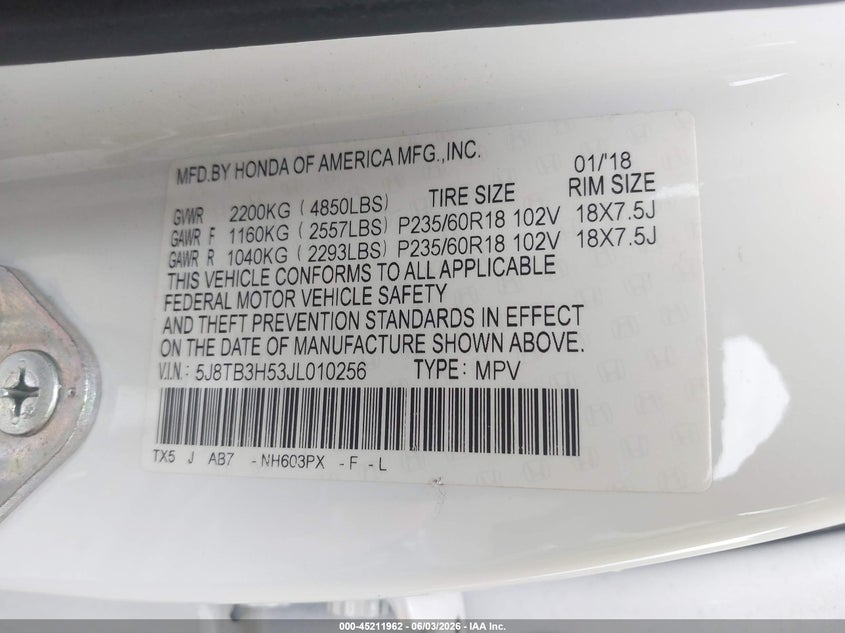2018 Acura Rdx Technology Package/W/Technology/Acurawatch Plus Pkg VIN: 5J8TB3H53JL010256 Lot: 45211962