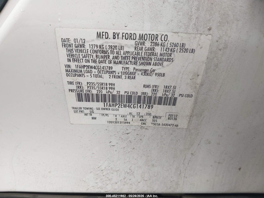 2012 Ford Taurus 3.5 Sel white Lot 111045211982 Vin 1FAHP2EW4CG141789