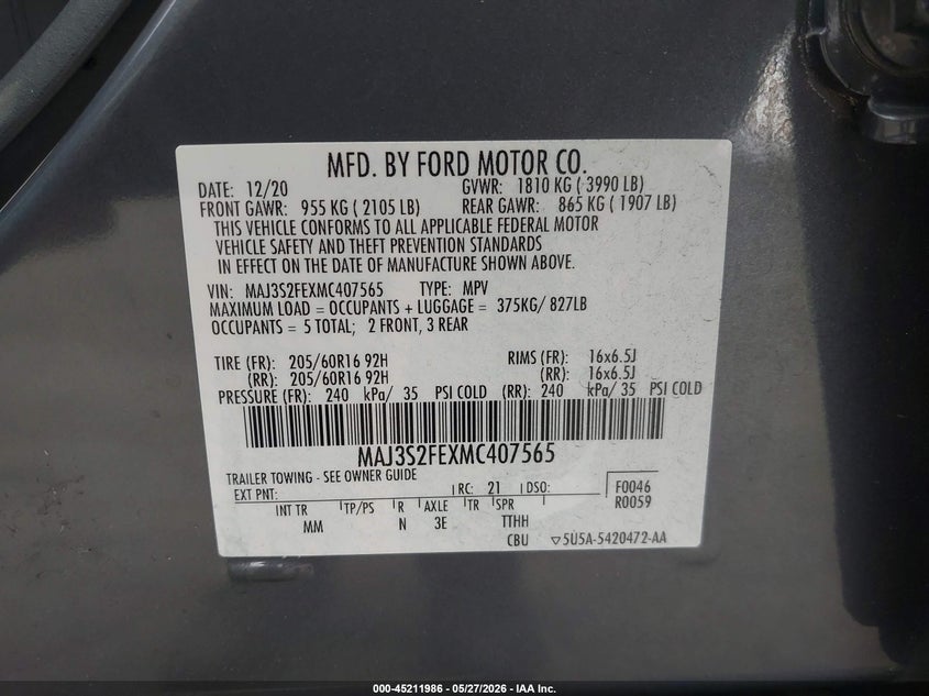 VIN MAJ3S2FEXMC407565 2021 FORD ECOSPORT S