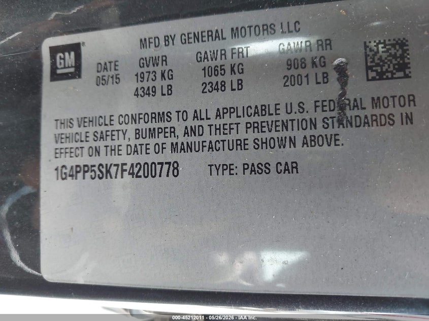 2015 Buick Verano VIN: 1G4PP5SK7F4200778 Lot: 45212011