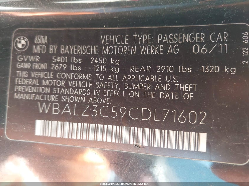 2012 BMW 650I VIN: WBALZ3C59CDL71602 Lot: 45212055