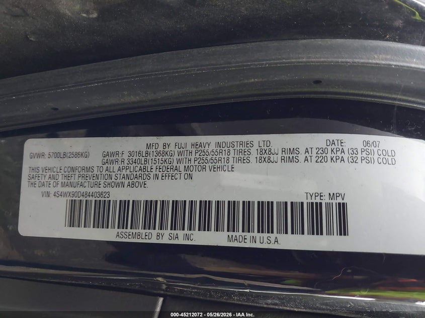 2008 Subaru Tribeca Limited 7-Passenger VIN: 4S4WX90D484403623 Lot: 45212072