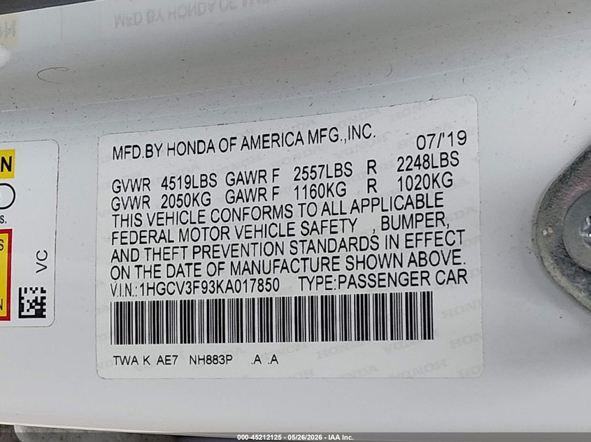 VIN 1HGCV3F93KA017850 2019 HONDA ACCORD HYBRID TOURING