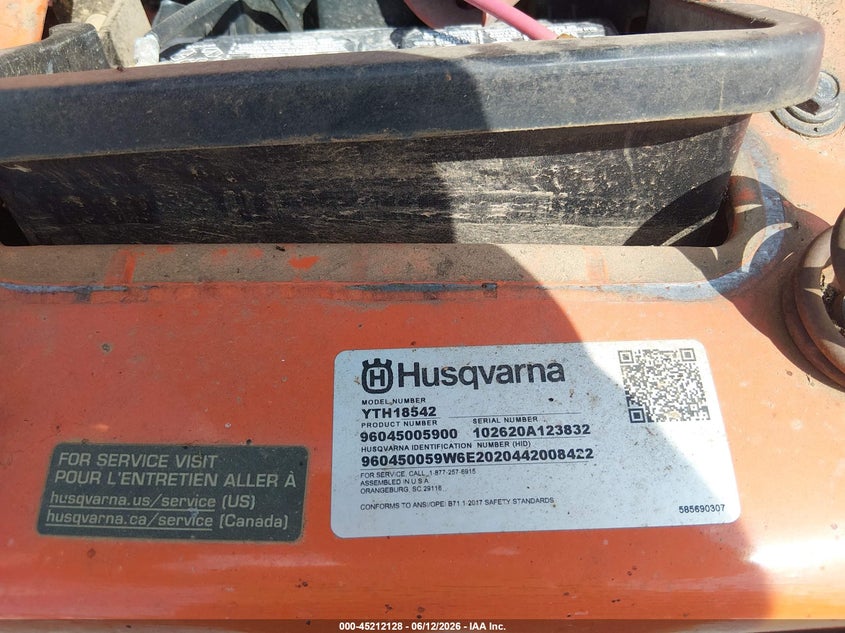 2018 Husqvarna Yth18542 Riding Lawnmower VIN: 102620A123832 Lot: 45212128