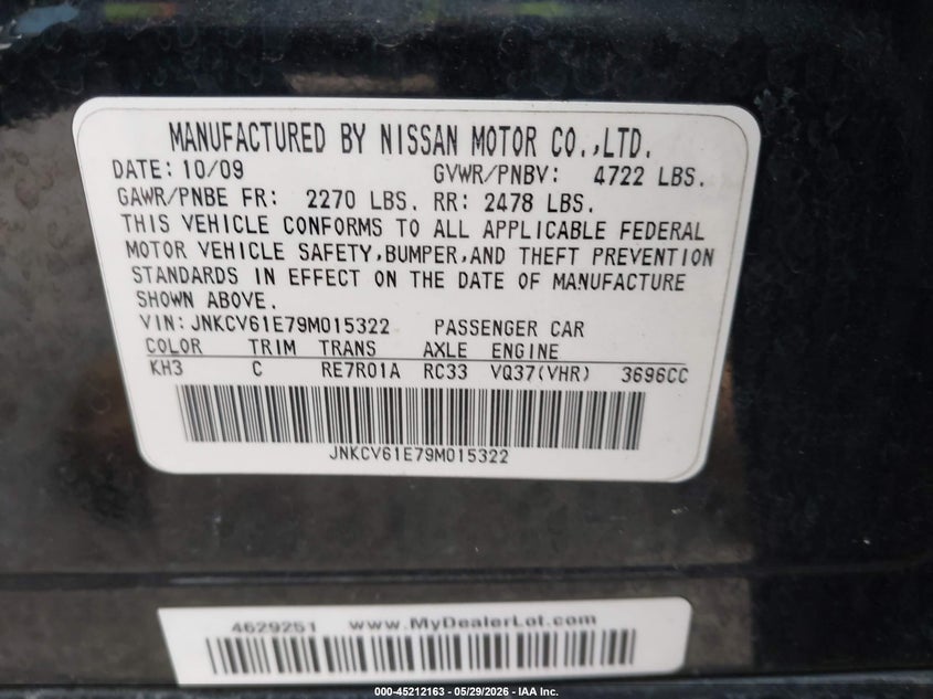 2009 Infiniti G37 Journey VIN: JNKCV61E79M015322 Lot: 45212163
