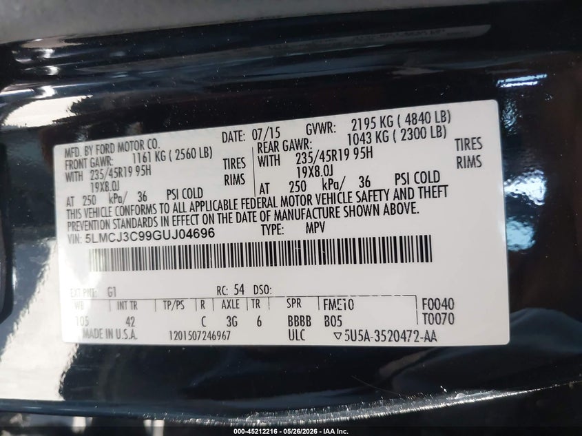 2016 Lincoln Mkc Reserve VIN: 5LMCJ3C99GUJ04696 Lot: 45212216