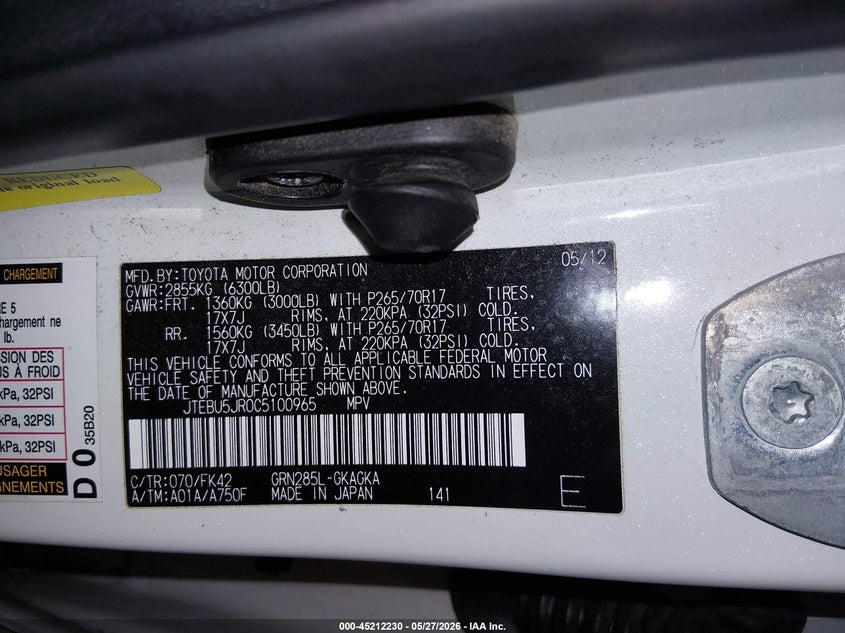 2012 Toyota 4runner 4.0 Sr5 white Lot 111045212230 Vin JTEBU5JR0C5100965