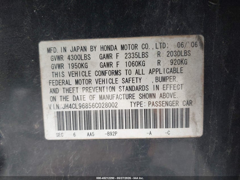 2006 Acura Tsx VIN: JH4CL96856C028002 Lot: 45212290