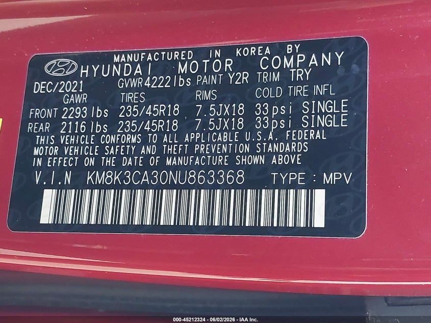 2022 Hyundai Kona N Line VIN: KM8K3CA30NU863368 Lot: 45212324