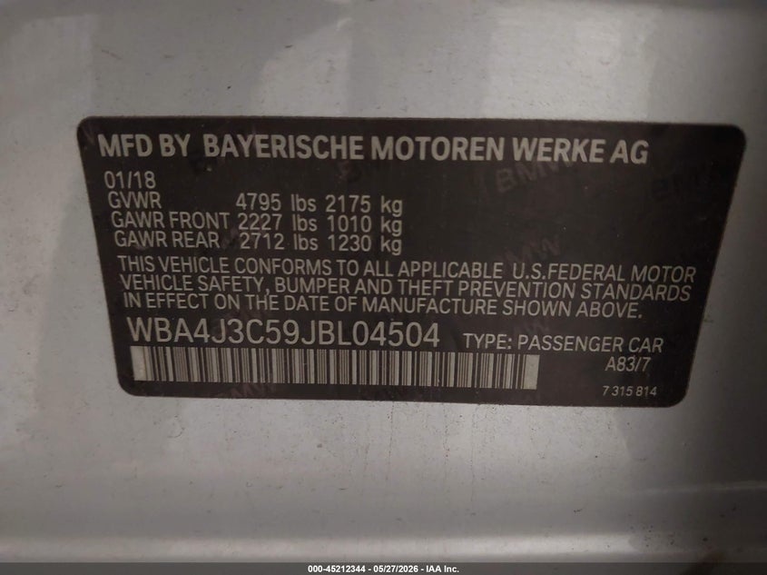 2018 BMW 430I Gran Coupe xDrive VIN: WBA4J3C59JBL04504 Lot: 45212344