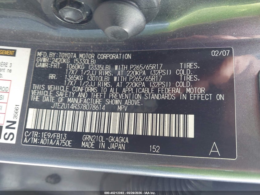 2007 Toyota 4Runner Sport V6 VIN: JTEZU14R378078614 Lot: 45212393