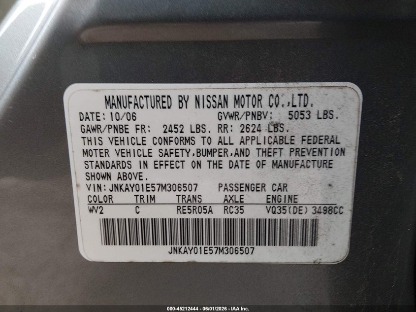 2007 Infiniti M35 VIN: JNKAY01E57M306507 Lot: 45212444