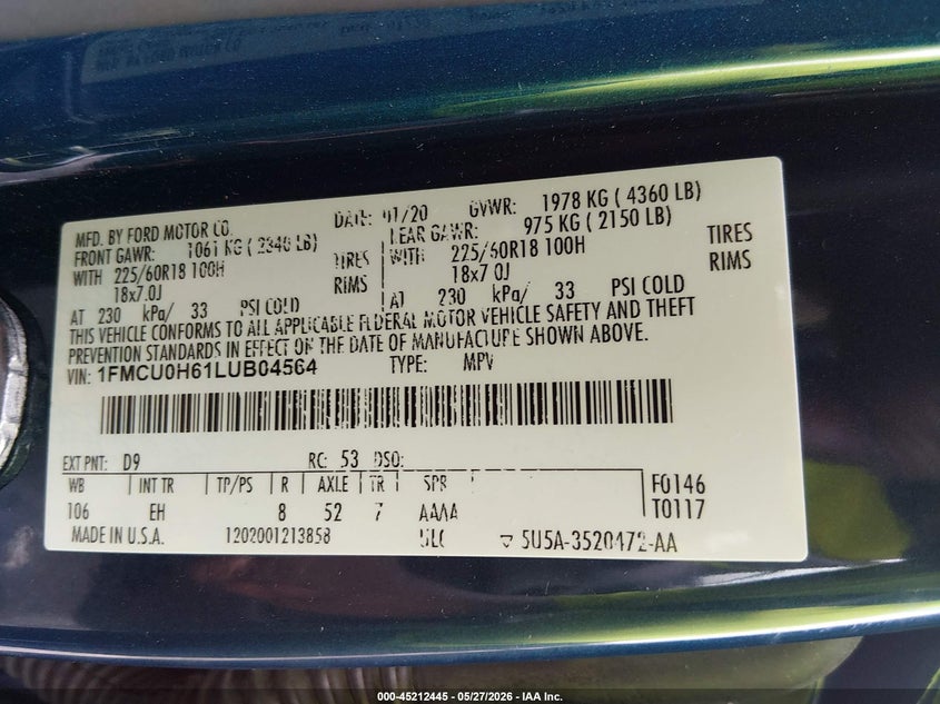 VIN 1FMCU0H61LUB04564 2020 FORD ESCAPE SEL