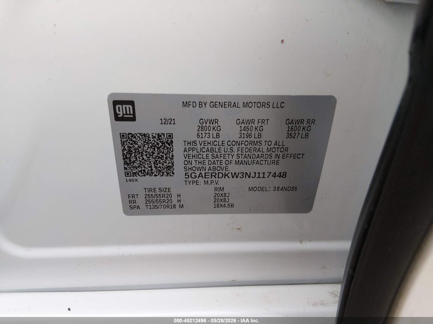 2022 Buick Enclave Fwd Avenir VIN: 5GAERDKW3NJ117448 Lot: 45212496