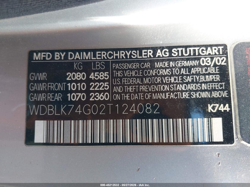2002 Mercedes-Benz Clk 55 Amg VIN: WDBLK74G02T124082 Lot: 45212532