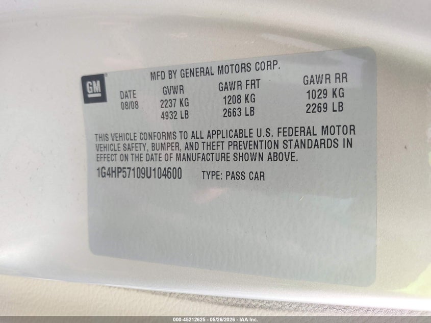 2009 Buick Lucerne Cx-2 VIN: 1G4HP57109U104600 Lot: 45212625