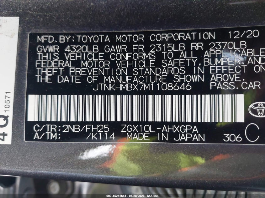 2021 Toyota C-Hr Nightshade Edition VIN: JTNKHMBX7M1108646 Lot: 45212641