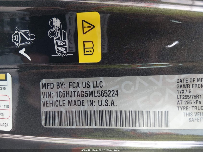 2021 Jeep Gladiator Texas Trail 4X4 VIN: 1C6HJTAG5ML565224 Lot: 45212646