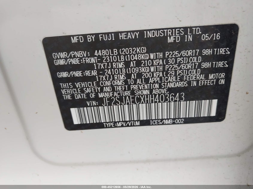 2017 Subaru Forester 2.5I Premium VIN: JF2SJAECXHH403643 Lot: 45212656