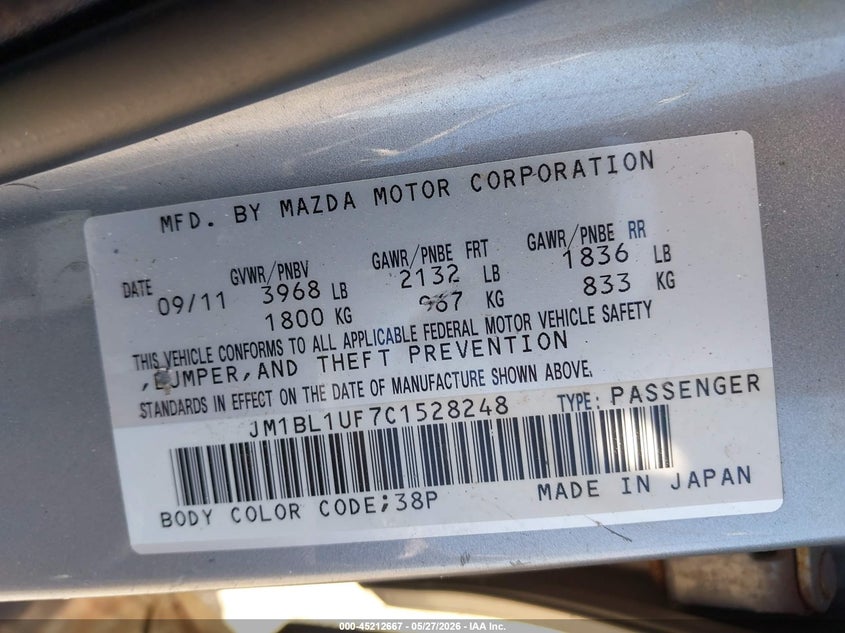 2012 Mazda 3 2.0 I Sport silver Lot 111045212667 Vin JM1BL1UF7C1528248