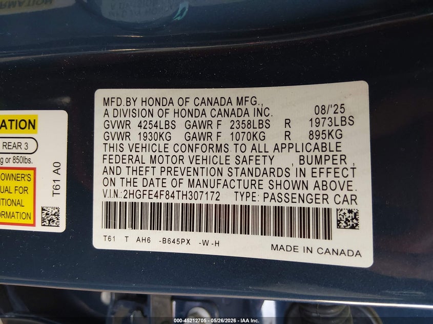 2026 HONDA CIVIC SEDAN 2.0L I-4 DI, DOHC, VVT, 141HP