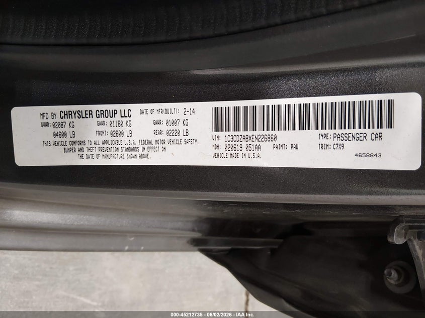 2014 Dodge Avenger Se VIN: 1C3CDZABXEN226860 Lot: 45212735
