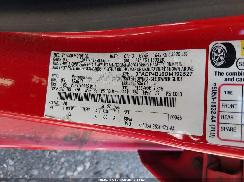 2013 Ford Fiesta Se VIN: 3FADP4BJ6DM192527 Lot: 45212774