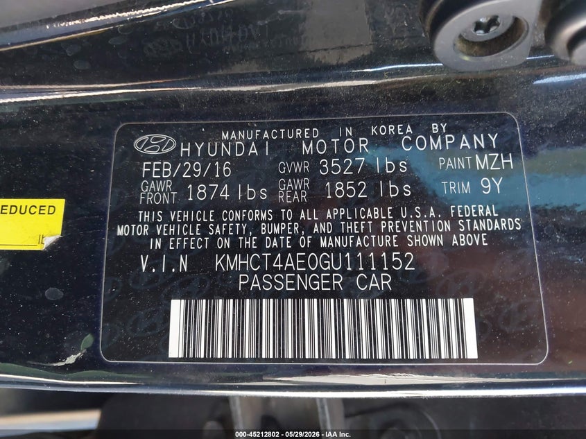 2016 Hyundai Accent Se VIN: KMHCT4AE0GU111152 Lot: 45212802