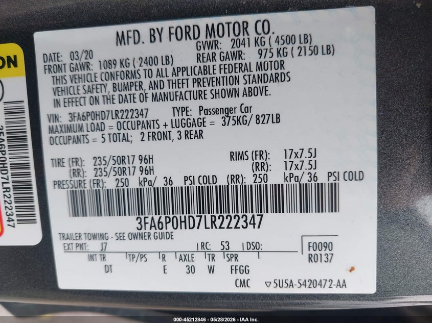 2020 FORD FUSION SEDAN 1.5L I-4 DI, DOHC, VVT, TURBO, 181HP