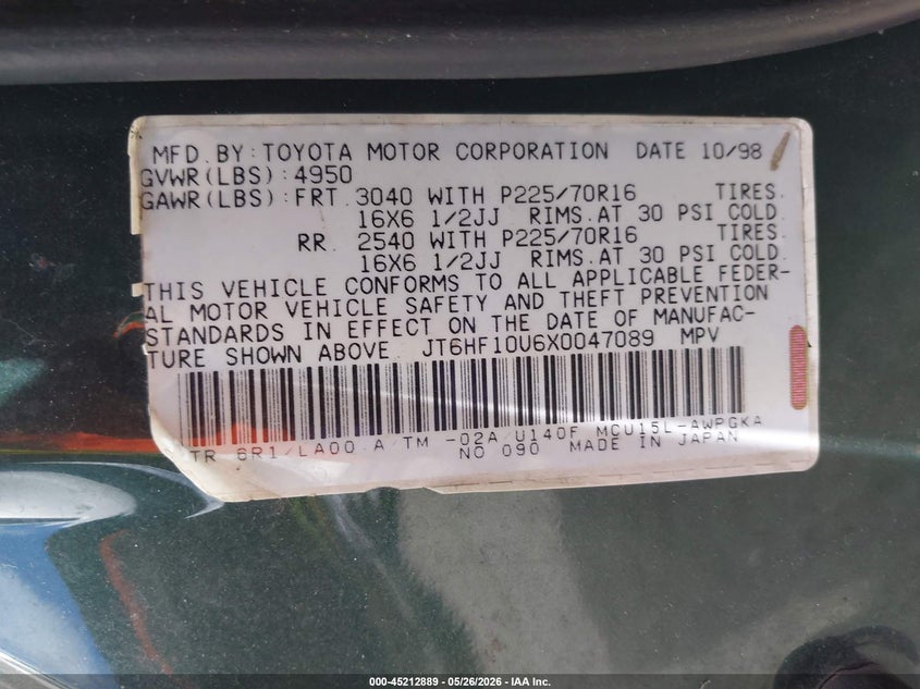 1999 Lexus Rx 300 VIN: JT6HF10U6X0047089 Lot: 45212889