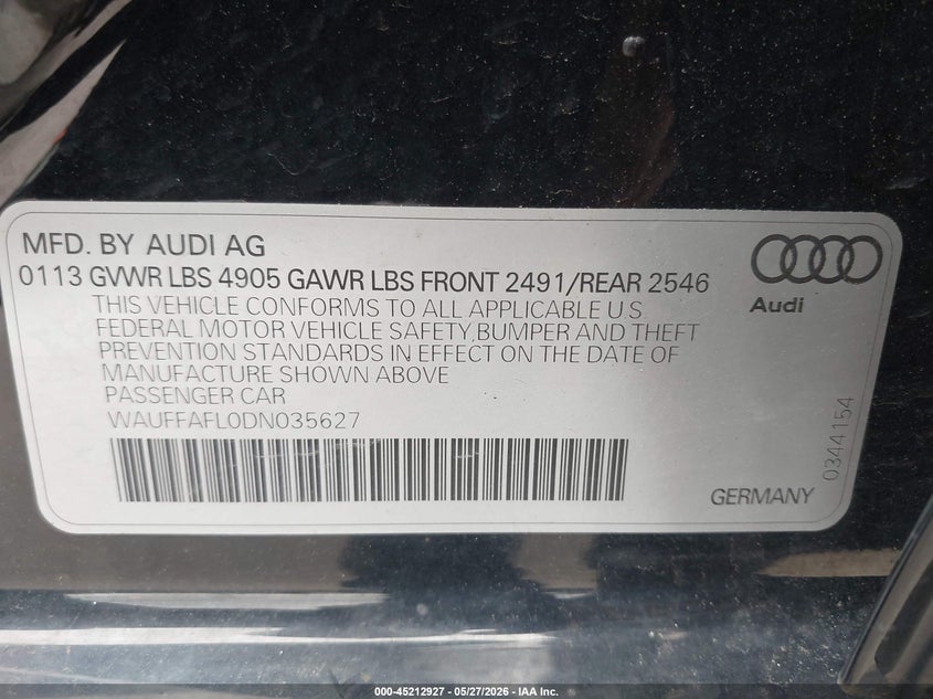 2013 Audi A4 2.0T Premium VIN: WAUFFAFL0DN035627 Lot: 45212927