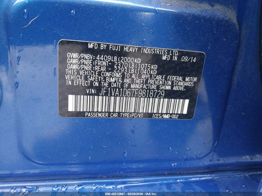 2015 Subaru Wrx Premium VIN: JF1VA1D67F9818729 Lot: 45212967