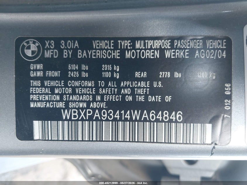 2004 BMW X3 3.0I VIN: WBXPA93414WA64846 Lot: 45212999