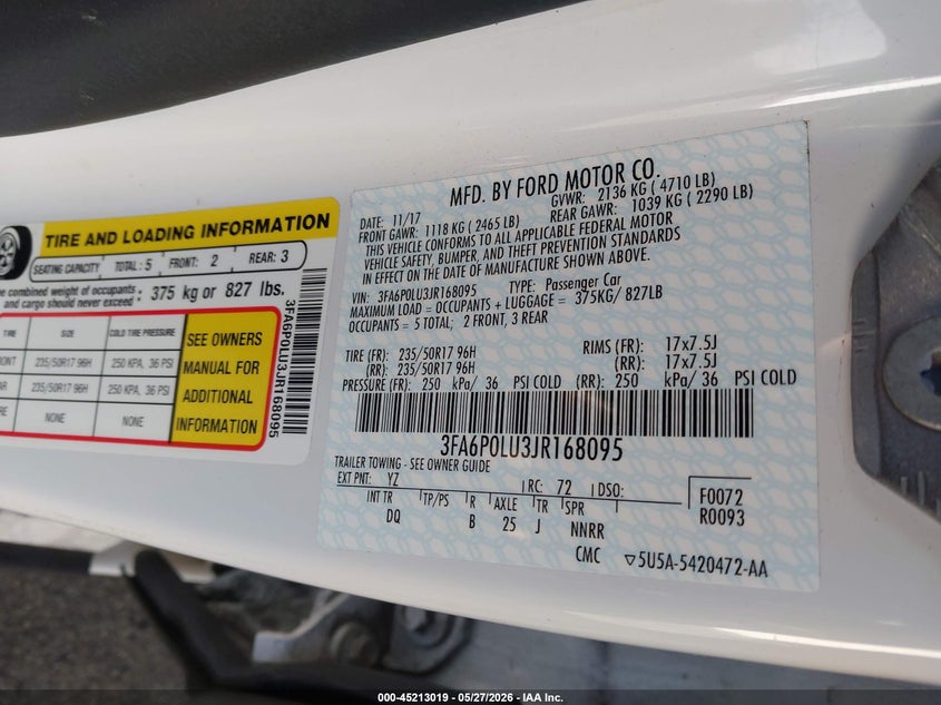 VIN 3FA6P0LU3JR168095 2018 FORD FUSION HYBRID SE