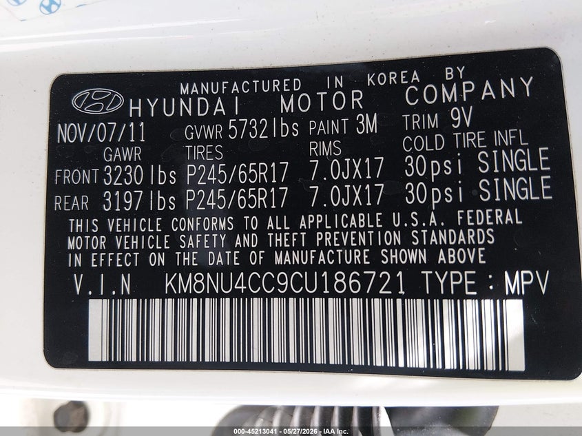 2012 Hyundai Veracruz Gls VIN: KM8NU4CC9CU186721 Lot: 45213041